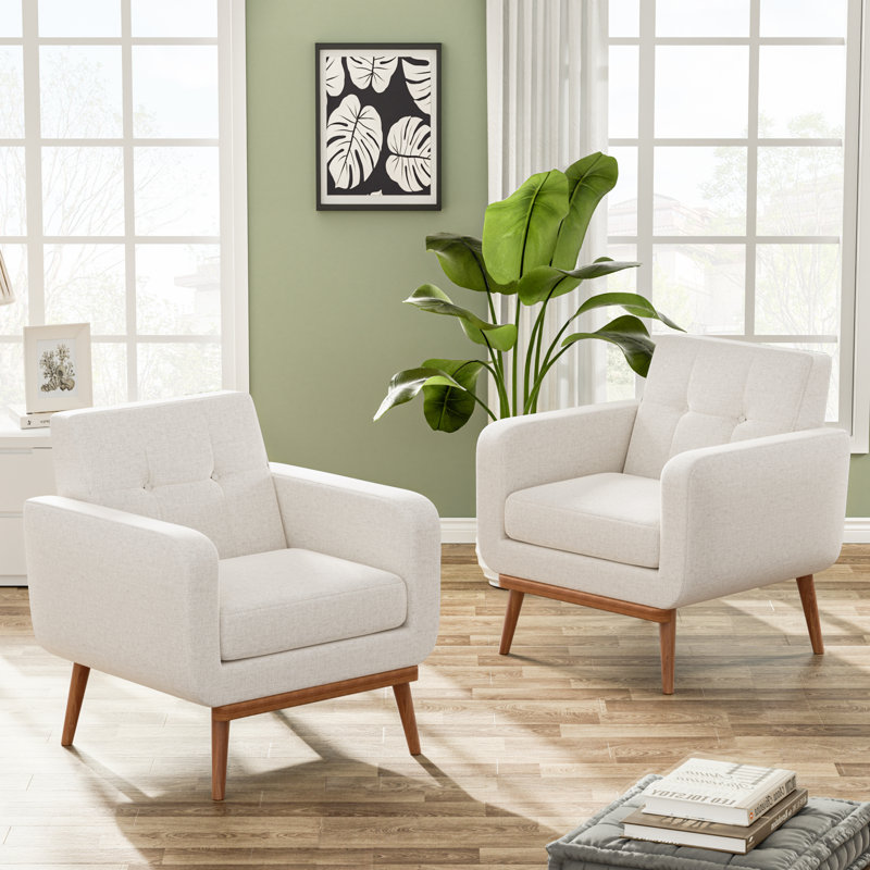Donka Solid Wood Upholstered Armchairs, Beige Polyester