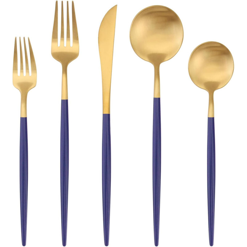 Ensemble de couverts en acier inoxydable 5 pièces pour une personne, ensemble de couverts or mat et bleu avec finition satinée, argenterie allant au lave-vaisselle pour la maison et le restaurant