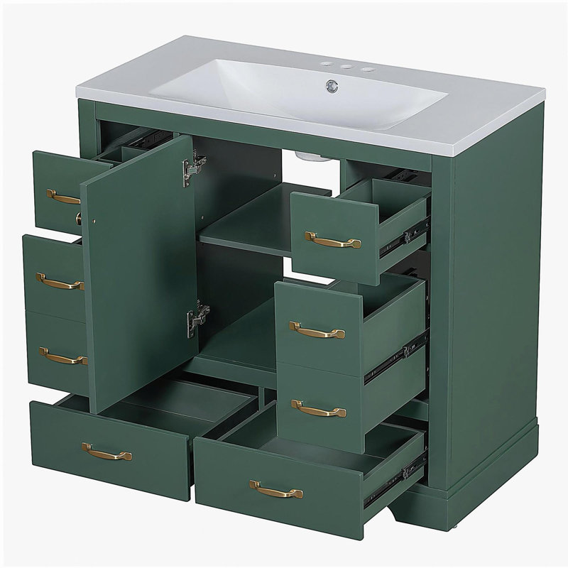 Ensemble de meuble-lavabo de 36 pouces, six tiroirs, séparateurs de tiroirs multifonctionnels, tablettes réglables, Vert