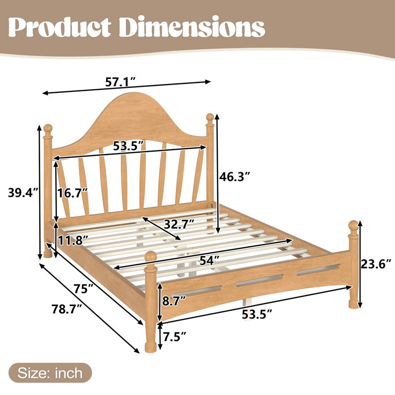 Lit plateforme double avec tête de lit chic, cadre de lit en bois massif avec support à lattes, aucun sommier tapissier requis