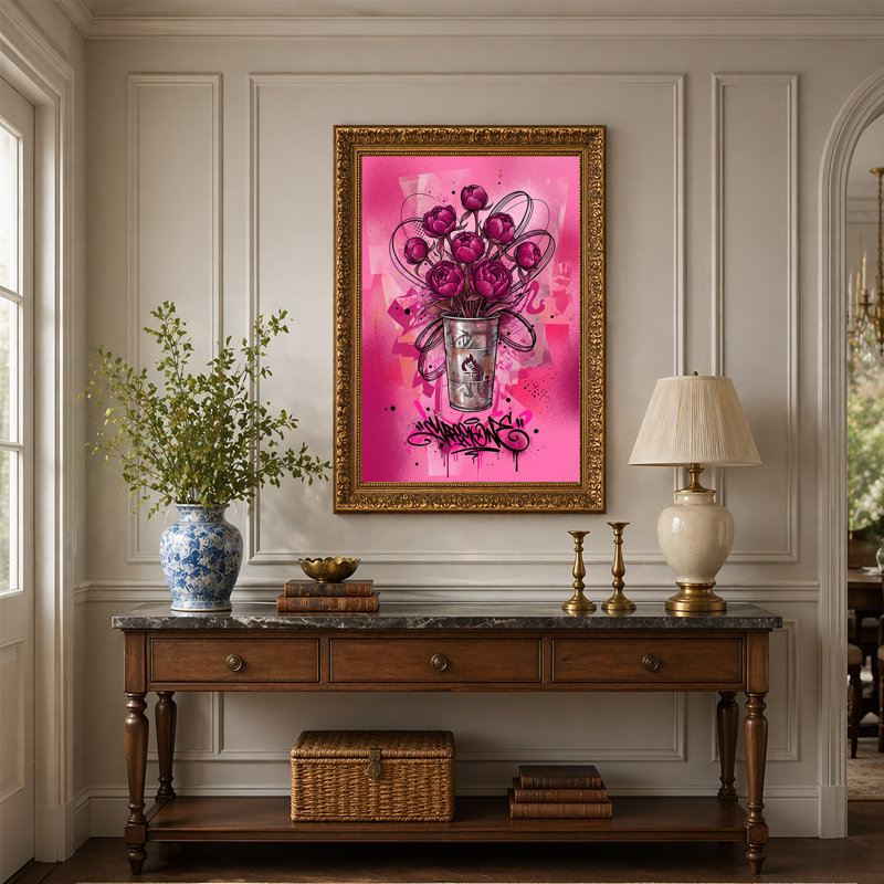 Art mural sur toile, fond de graffiti, pivoines roses en argent, 30"H x 20"W