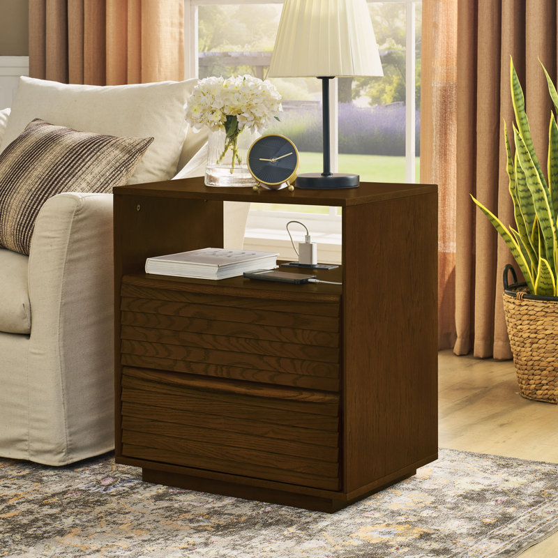 Table de chevet Mid Century avec trou de sortie et 2 tiroirs en bois massif, noyer