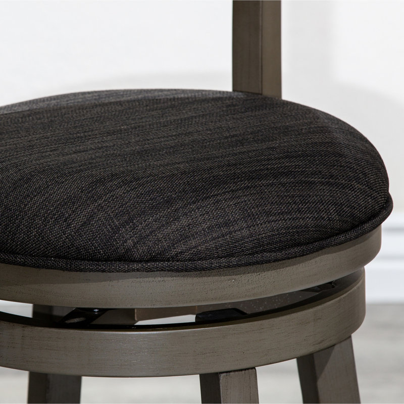 Tabouret de comptoir à dossier à lattes de 24 po en gris vieilli, siège en tissu gris anthracite et pivotant gris confortable avec support