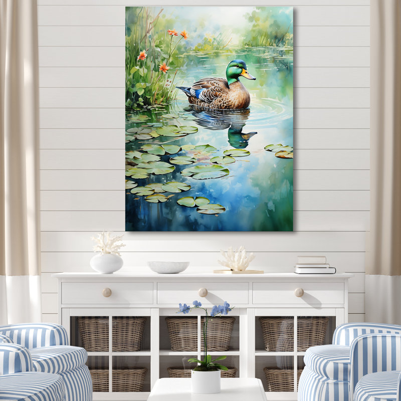 Duck Pond Reflections IV - Duck Animal, art mural, Toile tendue, 40" H x 30" W