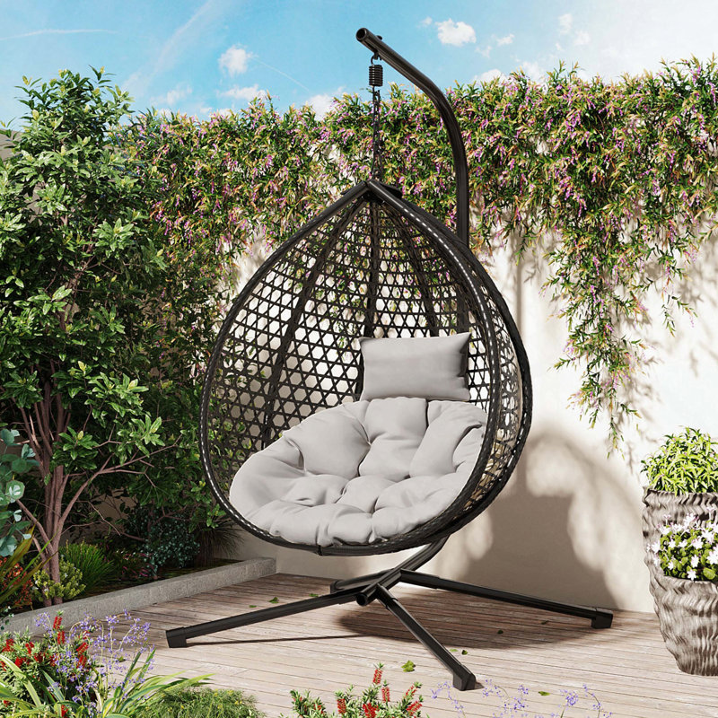 HDPE Hammock Egg Chair with Stand and Cushion, Gray, Black