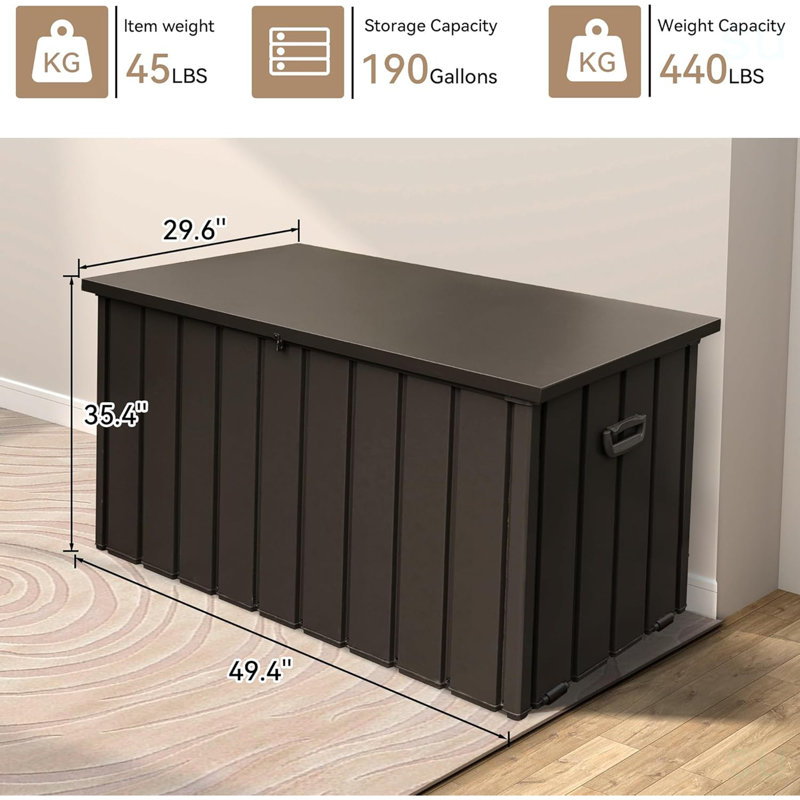 190 Gallon Metal Deck Box, Waterproof Steel Outdoor Box, Large Patio Furniture Storage Cabinet, Lockable Storage Bench For Porch Package Delivery, Pillows, Cushions, Pool, Tools, Backyard