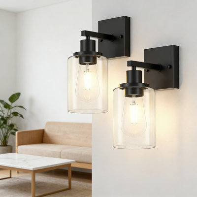 Modern Wall Sconces Set Of Two, Industrial Bathroom Vanity Light Fixtures With Clear Glass Shade, Farmhouse Wall Lamp For Bedroom Mirror Living Room