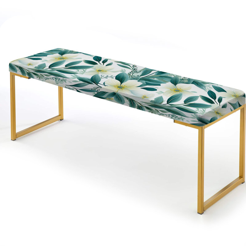 Oceanic Foliage Botanical Pattern IV - Tropical Upholstered Gold Bench