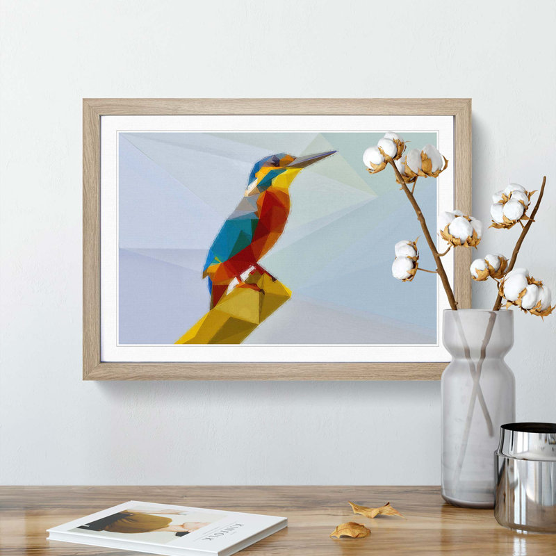 Geometric Kingfisher Bird in Abstract - Picture Frame Graphic Art Print, 62cm H x 87cm W x 2cm D, Oak Framed