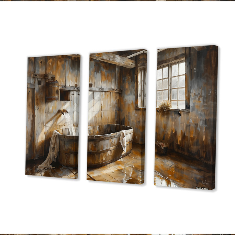 «Brown Rustic Bathroom Charm III», ensemble d'art mural rustique, Toile tendue, H 28 po x l 36 po x P 1 po