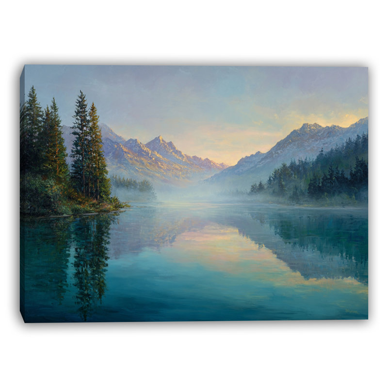 Toile tendue dorée sur le lac, H 30 po x l 40 po