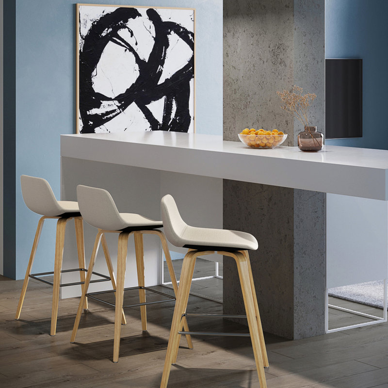 Tabouret 2 pièces - Siège généreux avec placage en bois et lin naturel, 2 tabourets avec dossier incurvé