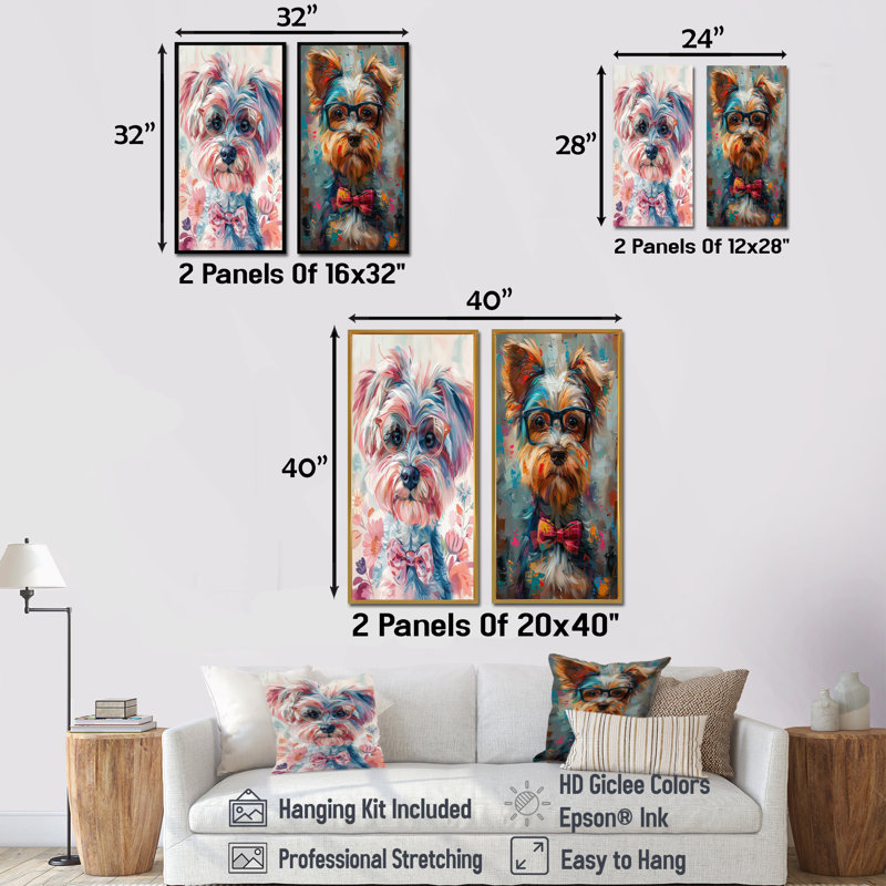 Curieux Shih Tzu rose avec verres I - ensemble d'art mural chien 2 pièces, H 32 po x l 32 po, Impression encadrée, Érable