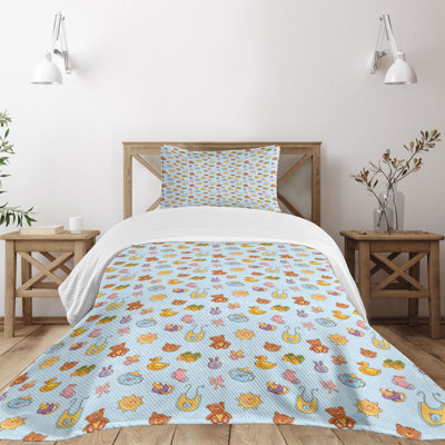 Ambesonne Cartoon Bedspread Set  Sun Ribbon Teddy Bear Art  Pale Blue Cinnamon -  bed_49022_twin