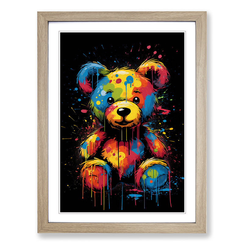Teddy Bear Pop - Single Picture Frame Print on Wood, 34cm H x 25cm W x 2cm D, Oak