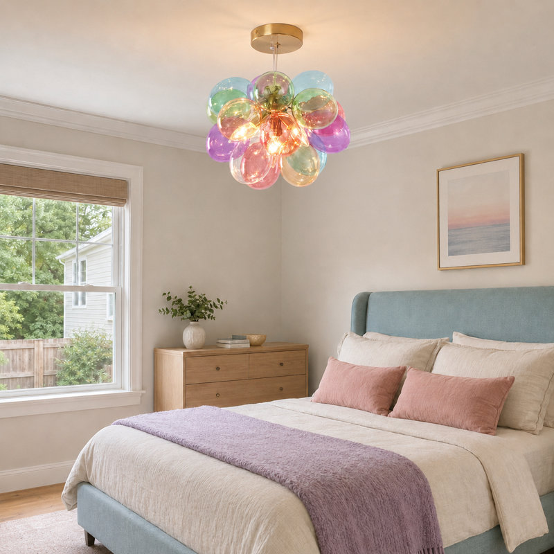 Lustre moderne en laiton 4 lumières avec abat-jour ovales en verre multicolore, Colorful, Laiton