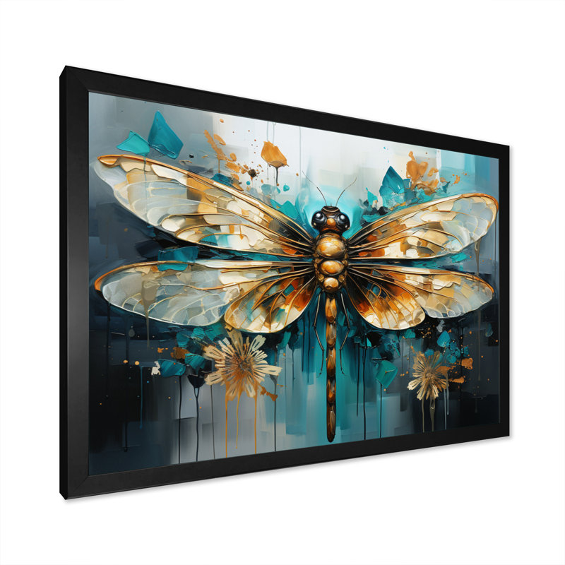 Bleu sarcelle, turquoise, libellule, gouttes I - Libellule, art mural, H 30 po x l 40 po x P 1,5 po, Cadre simple noir
