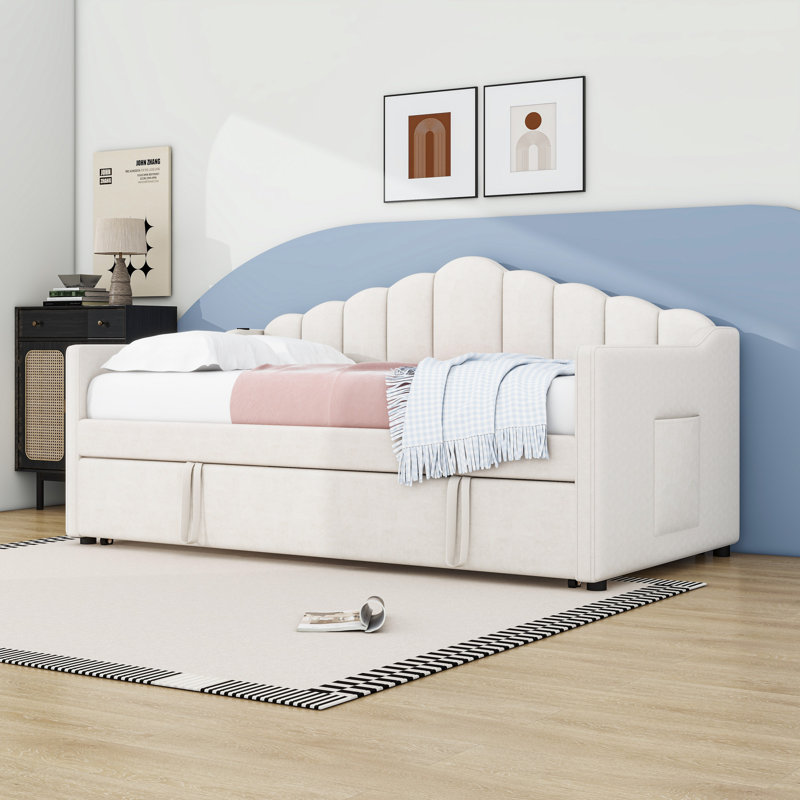 Twin Velvet Upholstered Daybed with Pop-Up Trundle, Pockets, USB and Type-C Charging Ports, Beige