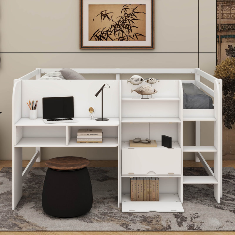 Full Size Low Loft Bed With Integrated Desk, Storage Cabinets, Open Bookcase + Graffiti Whiteboard, White