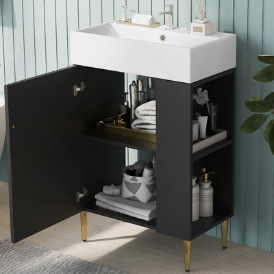Meuble-lavabo 21,6 po, armoire combinée, meuble de rangement pour salle de bain, lavabo simple en céramique, rangement sur le côté droit