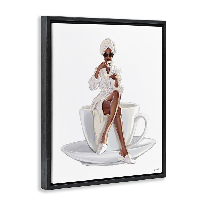 «Chic Coffee Teacup», femme, sirotant des lunettes de soleil, jet noir, toile encadrée flottante par Ziwei Li
