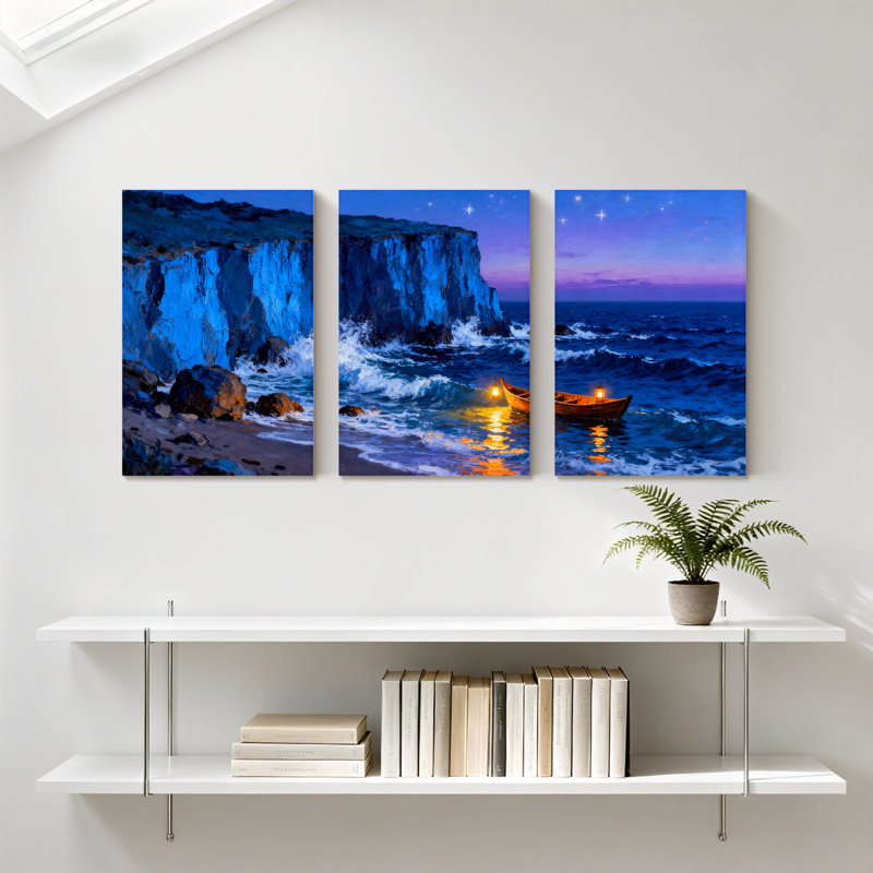 Abstrait océan, falaise, bateau, nuit, étoiles, vagues, reflet de la lumière, ensemble de 3 impressions sur toile