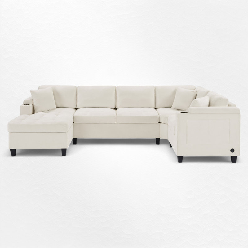 U-Shaped Sectional Sofa With Storage And USB Ports, Beige Chenille