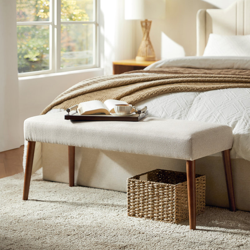 Duplessis 44"W Modern Bench with Solid Wood Legs and Foot Pads, Beige