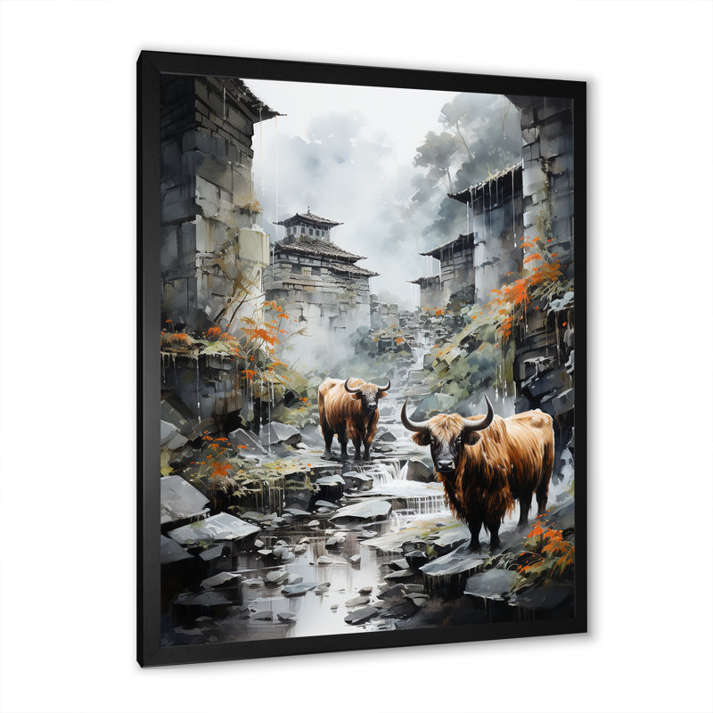 Yaks Urban visiteur - art mural sur toile Yaks, H 32 po x l 16 po, Cadre photo noir