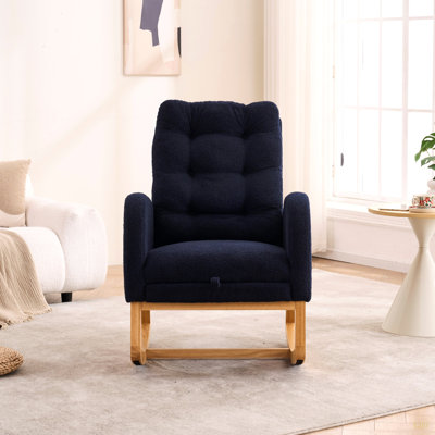 Fauteuil à bascule décoratif avec repose-pieds et pochette de rangement, chaise berçante à haut dossier bleu marine foncé et fauteuil en bois d'hévéa pour l 38,86 po x P 26,77 po x H 39,76 po