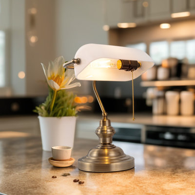 Retro Glass Brass Base Bankers Desk Lamp with Pull Chain Switch