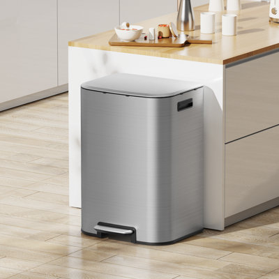 Ksskss 16 Gallon Kitchen Trash Can With Lid, 60L Stainless Steel Step Garbage Bin With Removable Inner Bucket, Side Handles, Deordorizer Compartment, Soft Close (Silver)