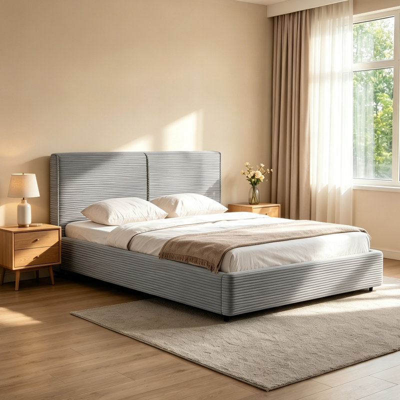 Corduroy upholstered bed with a winged headboard and a pneumatic lift mechanism with hydraulic storage – easy to assemble with just 26 screws