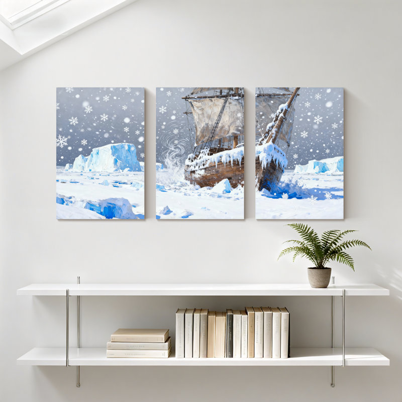 Nautique, bateau, Iceberg, paysage, scène d'hiver, ensemble de 3 impressions sur toile, H 24 po x l 48 po