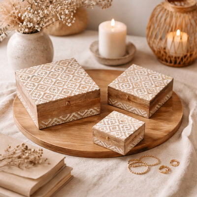 Hand Carved Wood Nested Box Set of 3 | White Wash Mango Wooden Decorative Storage Boxes with Lid | Rustic Farmhouse Keepsake Organizer for Jewelry