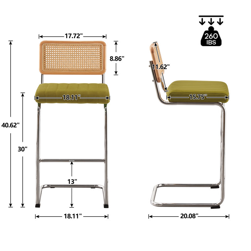 Oliver Green Velvet Upholstered Bar Stools with Silver Metal Frame