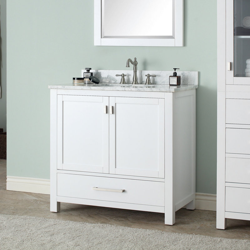 Modero 36" Single Bathroom Vanity with Top, Carrera White Marble, White, Brushed Nickel