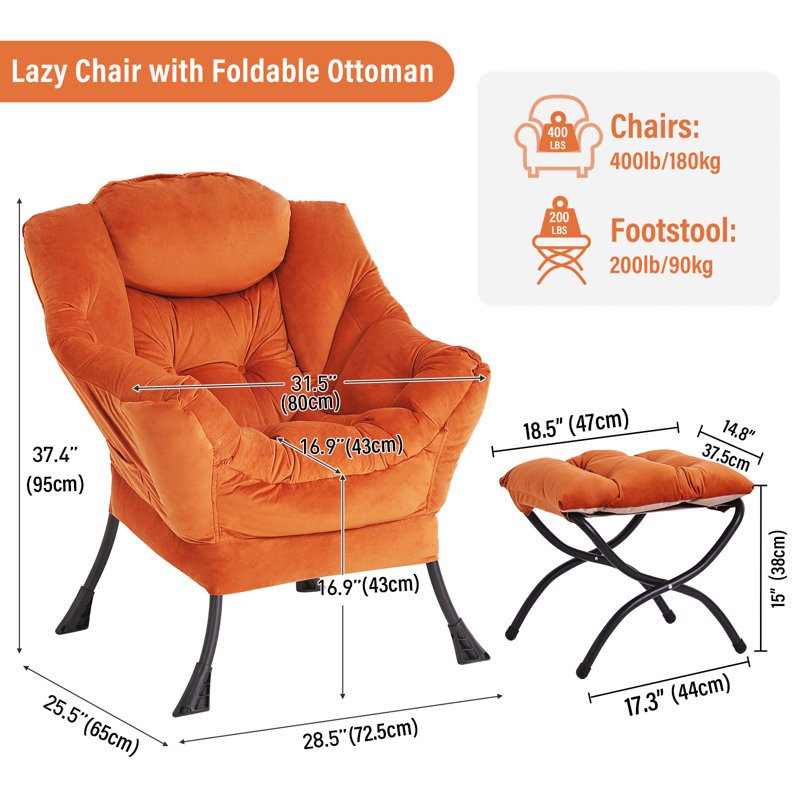 Abramson Lazy Chair, Modern Lounge Accent Chair with Armrests and a Side Pocket, Orange Velvet, No