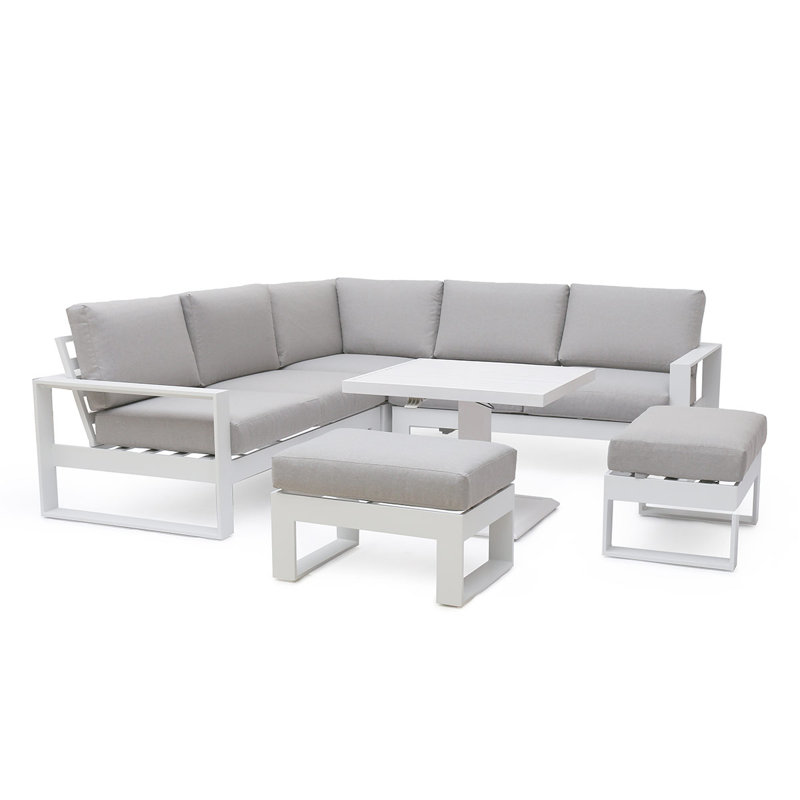 Dawana Square Aluminium Corner Dining Set - with Rising Table & Footstools - White
