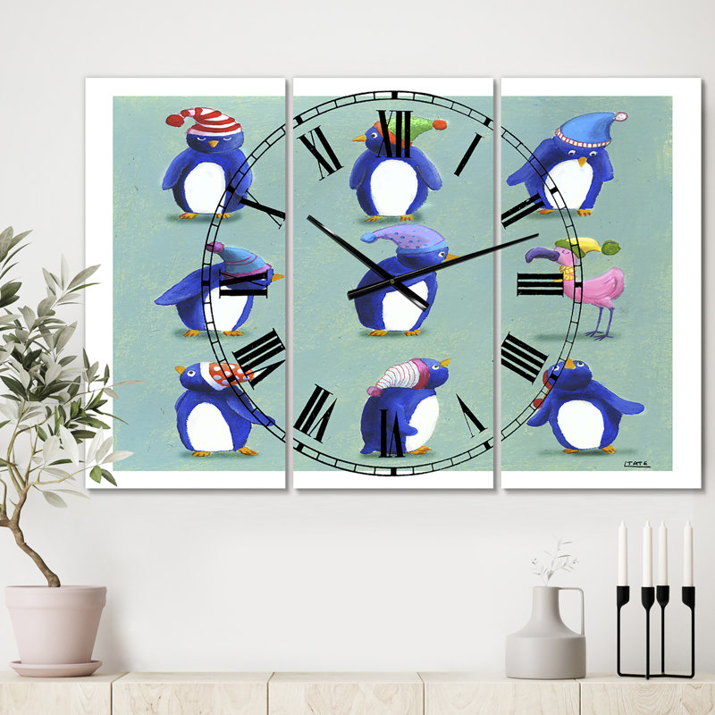 Huit pingouins et un flamant rose - grande horloge murale 3 panneaux
