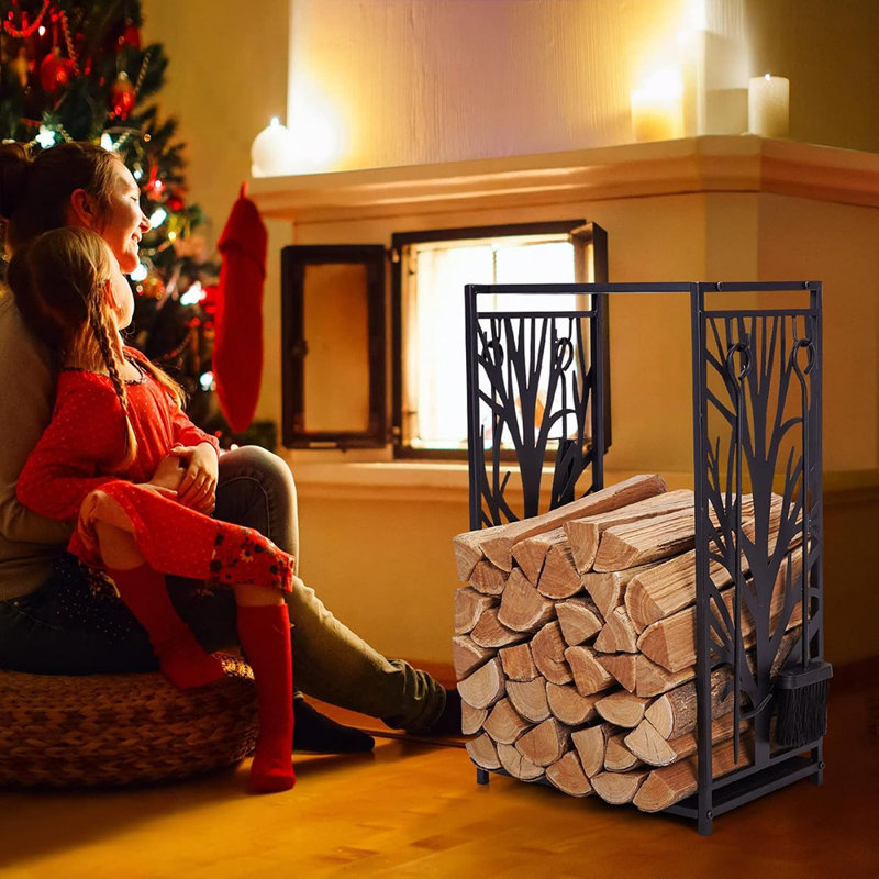 Ensemble de rangement porte-bûches pour bois de chauffage avec 4 outils: brosse, pelle, tisonnier et pinces, support à bois décoratif et facile à utiliser
