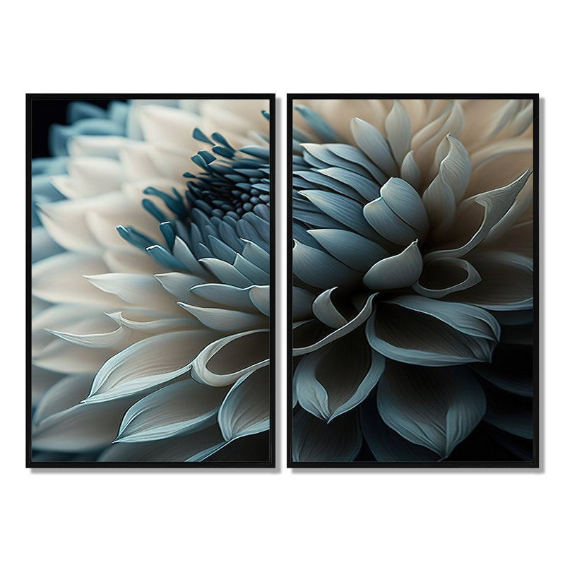 Dahlia bleu et blanc II, Black, 36" H x 48" W, Impression encadrée flottante