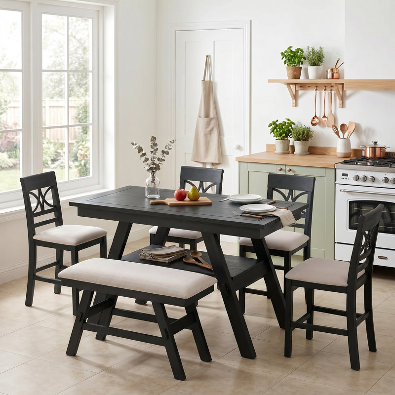 Ensemble de table de salle à manger 6 pièces à hauteur de comptoir en bois avec tablette de rangement, ensemble de table de cuisine avec banc et 4 chaises, style rustique