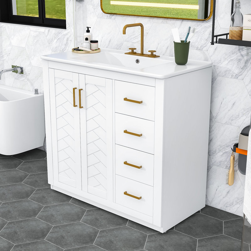 Bathroom Vanity with Ceramic Sink, 3 Drawers and Soft-Closing Doors Cabinet, White