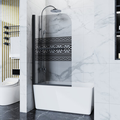 31.5" W x 55" H Bathtub Shower Screen, Bohemian Pattern Tempered Glass, Black