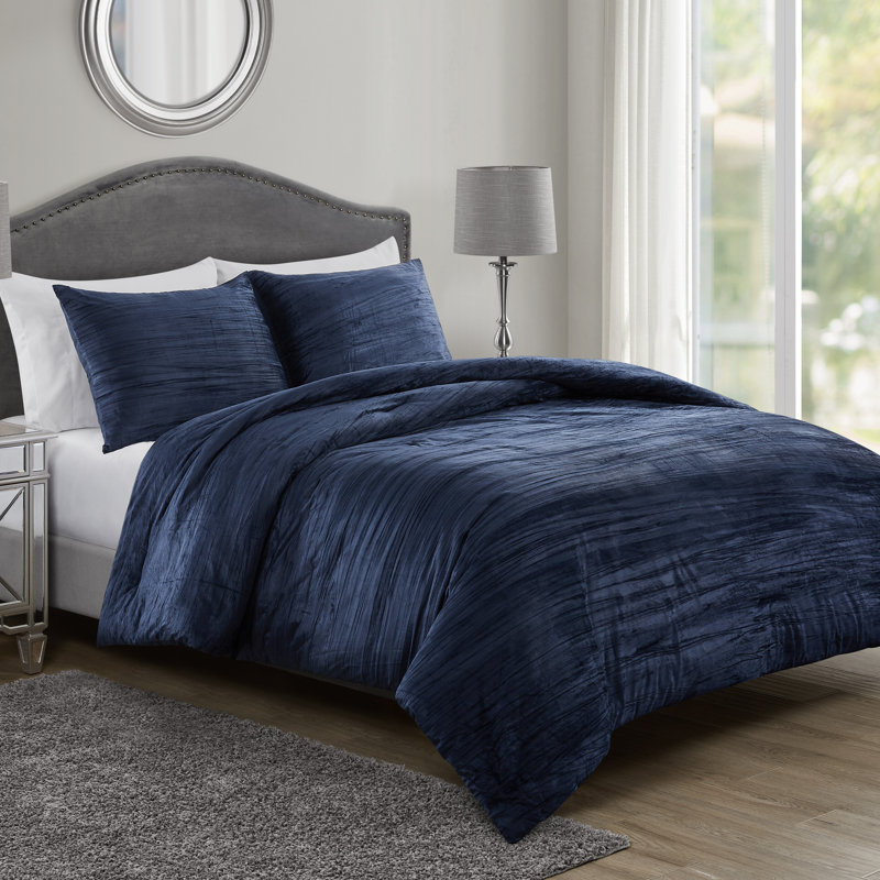 Ensemble d'édredon en velours froissé 3 pièces Zadie, Édredon pour très grand lit + 2 très grandes ta, Bleu chic