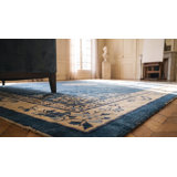 Antique Peking Chinese Floral Blue Navy, Ivory Beige Cream White 1920s Rug