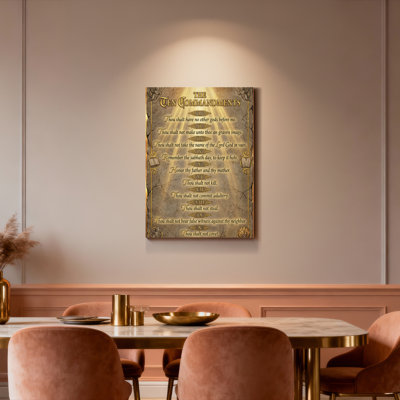 Ten Commandments Religious Text Canvas Wrapped Wall Art Oil Painting Print With Gold Embellishments And Vintage Stone Texture Style For Home Or Church Decor