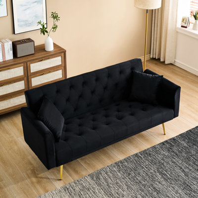 Lit en velours noir pliable de style américain de 71 pouces, idéal pour les petits espaces de vie, 3 angles réglables, 2 sièges, pieds dorés, cadre en bois massif et manufacturé d'inspiration rétro, noir pliable