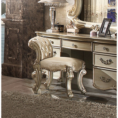 Traditional Bedroom Vanity Stool, Brown Upholstery, Rectangular Shape, 28 Inches High Taupe + Gold Stool With Scrolled Base, Button , 25" Wide X 28" 20" Deep